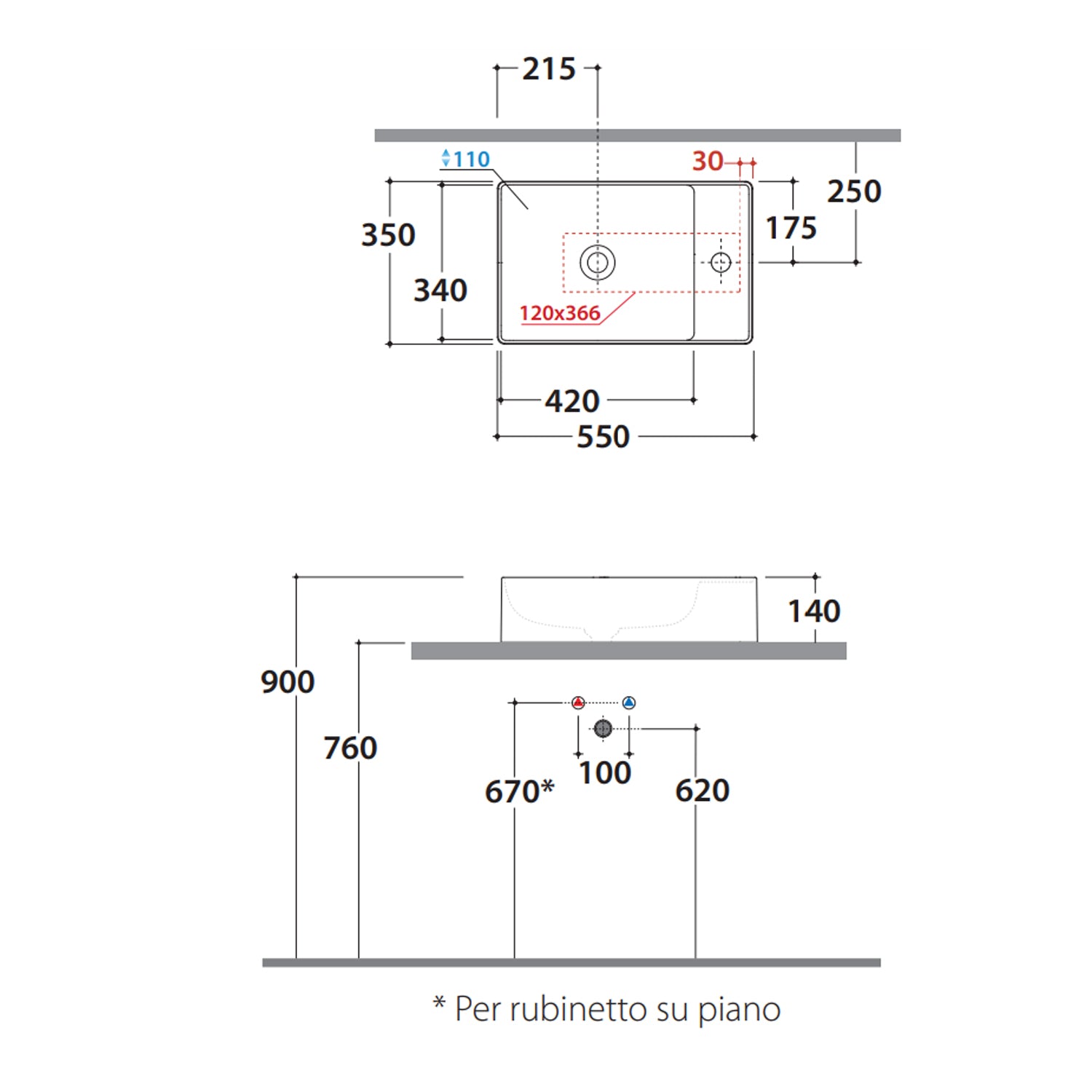 Lavabo rettangolare per installazione da appoggio ceramica bianca Globo T-Edge cm 55x35