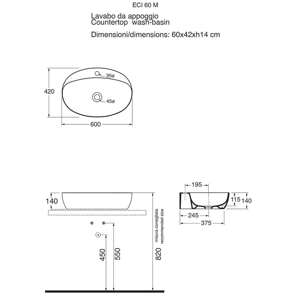 Lavabo da appoggio Ceramica Azzurra Elegance 60X42 con foro rubinetto