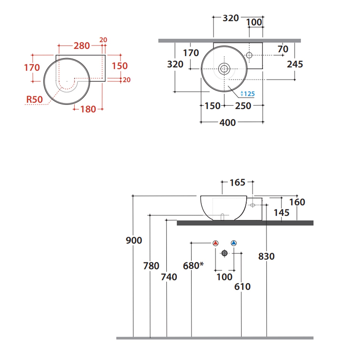 Lavabo asimmetrico per installazione sospesa o appoggio ceramica bianca Globo T-Edge cm 40x32