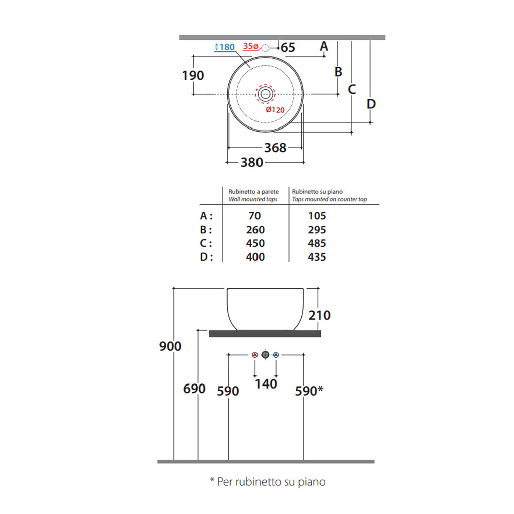 Lavabo per installazione da appoggio ceramica bianca Globo T-Edge diam. 38 cm