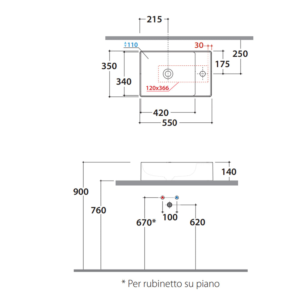 Lavabo rettangolare per installazione da appoggio ceramica bianca Globo T-Edge cm 55x35