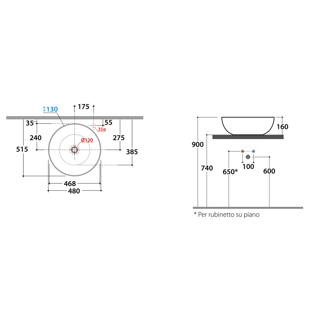 Lavabo tondo Globo T-Edge Ã˜48x16 cm - Bianco lucido