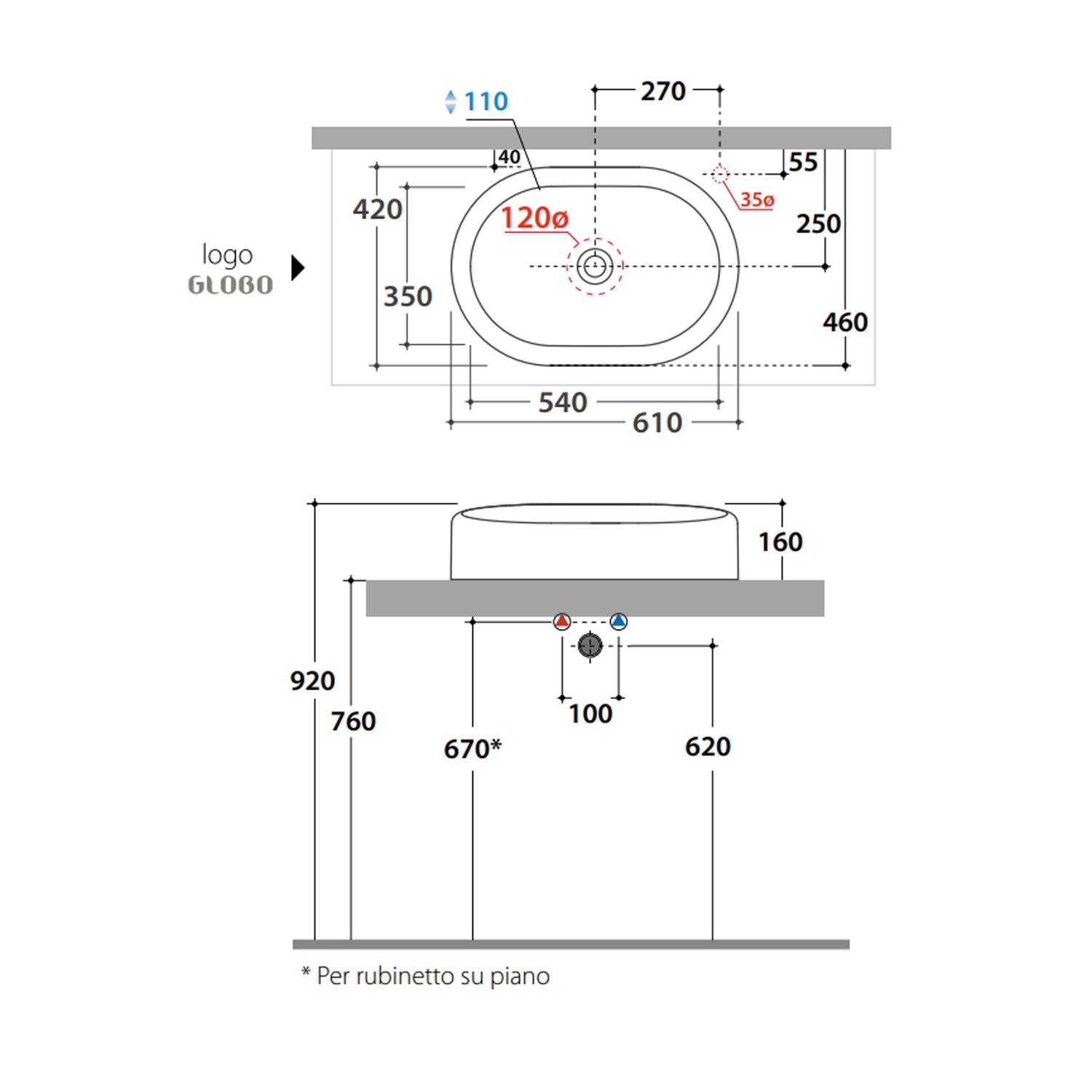 Lavabo da appoggio modello Lalita 61x42x16 cm Ceramica Globo - Bianco lucido
