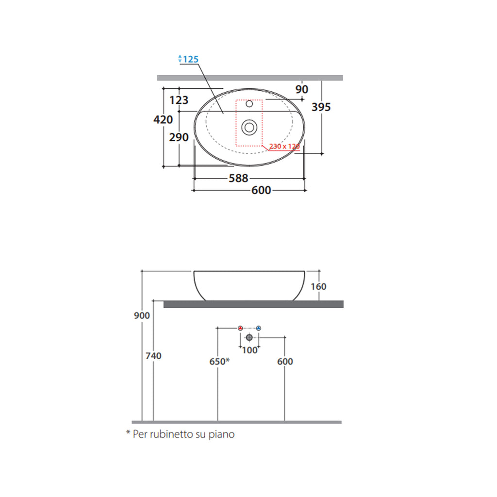 Lavabo da appoggio 4All I Tuttofare 60x42x16 cm Ceramica Globo con foro rubinetteria - Bianco lucido