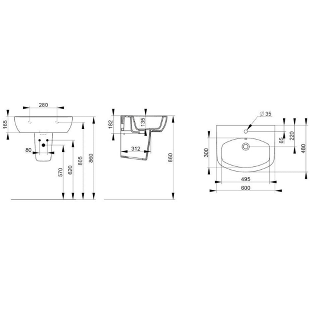 Lavabo sospeso o da appoggio su semicolonna Ceramica Dolomite modello Mia 60x48 cm