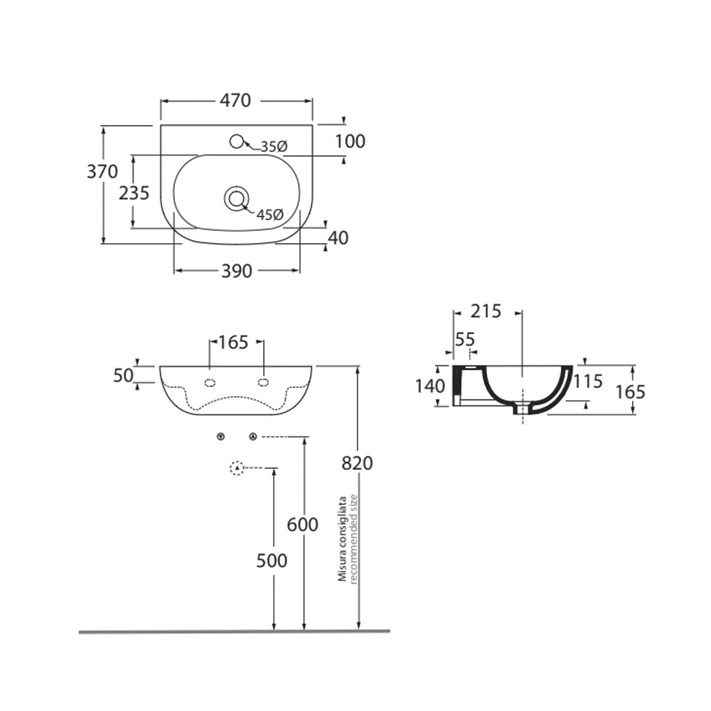 Lavabo Sospeso modello Nuvola 47 Ceramica Azzurra Senza foro rubinetto NUV2460B1