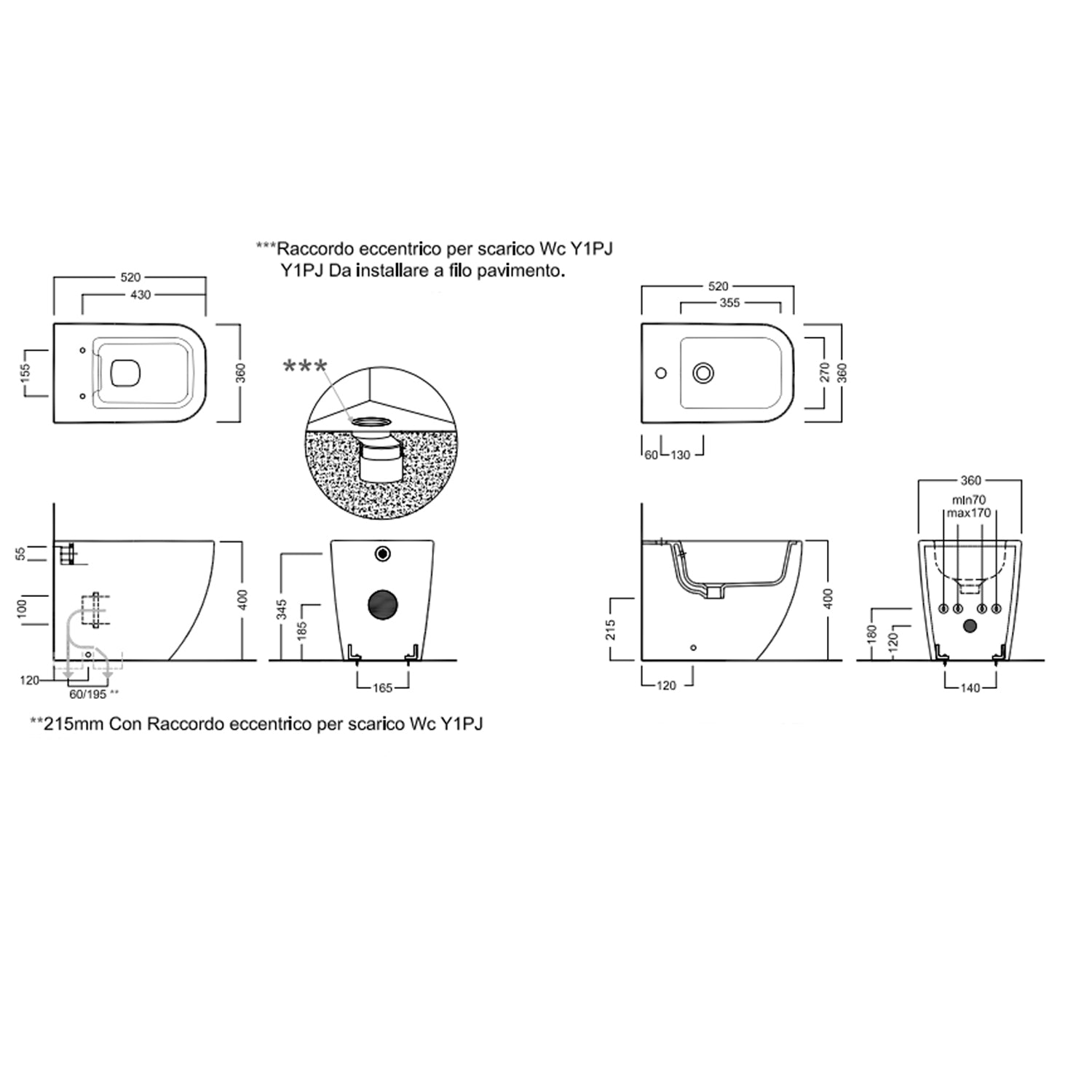 Coppia di sanitari filomuro 52x36 cm serie Bianca di Hatria con sedile soft-close
