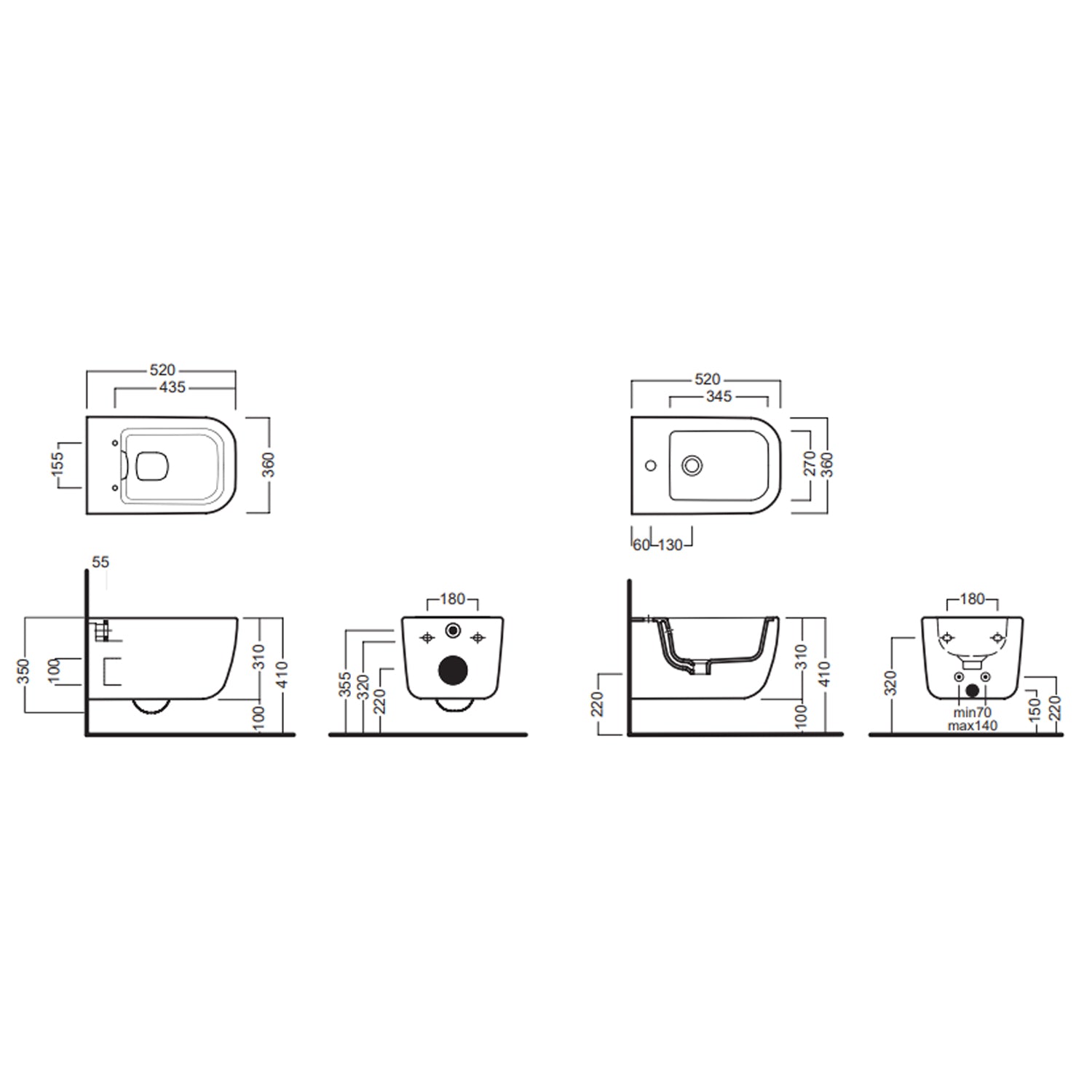 Vaso sospeso 52x36 cm serie Bianca di Hatria con sedile soft close