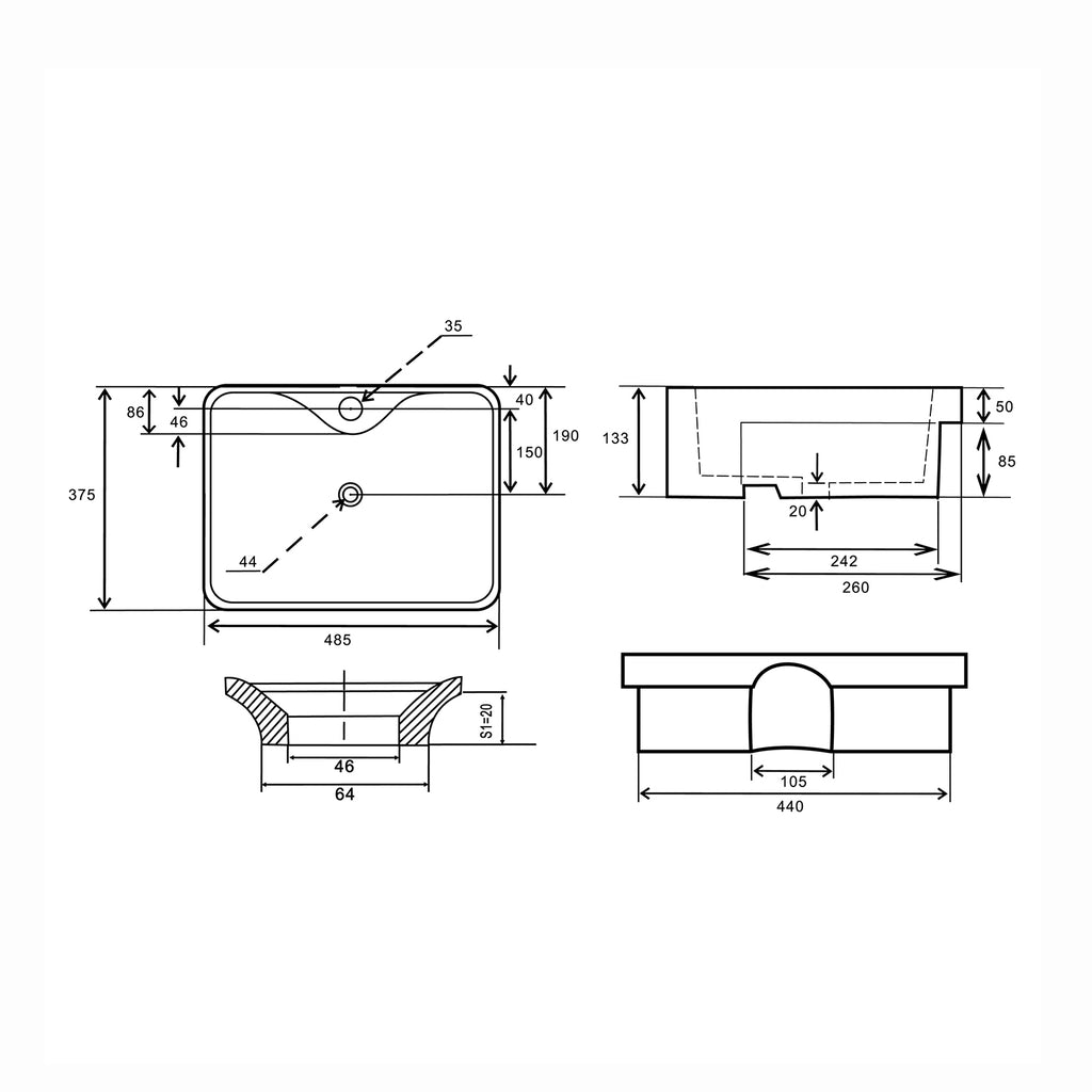 Lavabo in ceramica semincasso senza troppo pieno BathCore - 48x37 cm