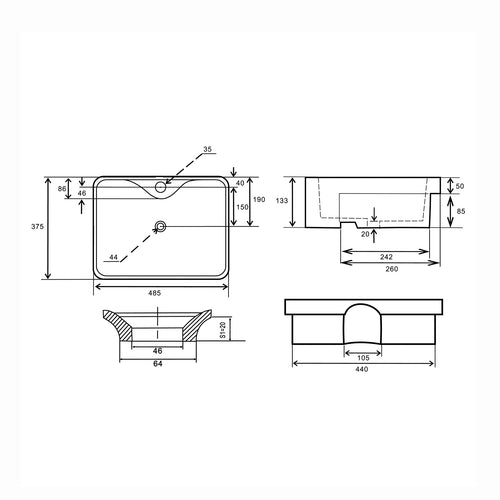 Lavabo in ceramica semincasso senza troppo pieno BathCore - 48x37 cm