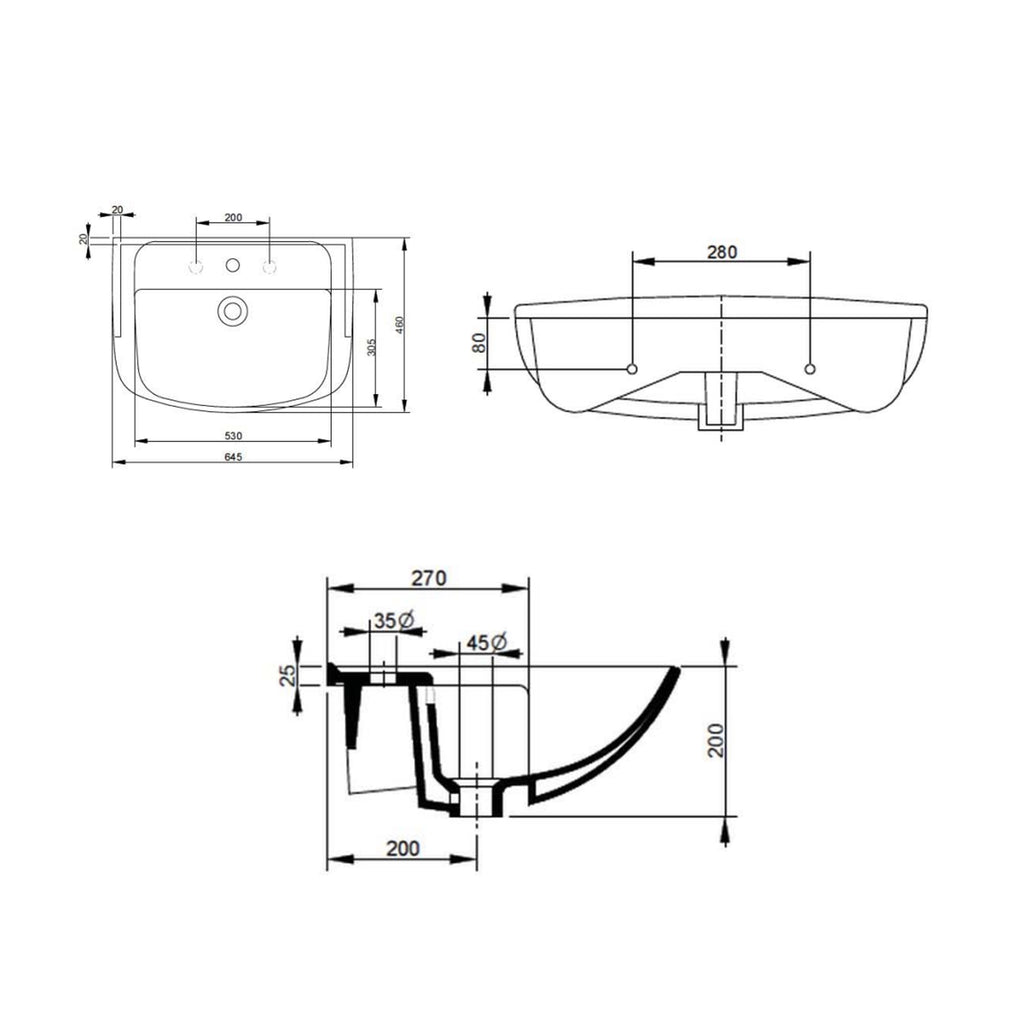 Lavabo in ceramica semincasso con troppo pieno BathCore - 65x46 cm