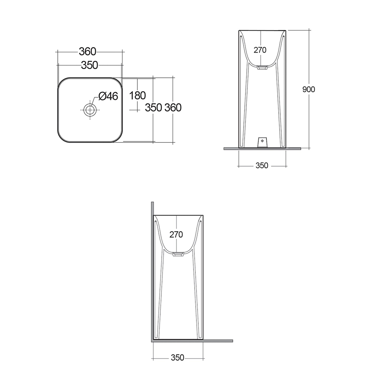 Lavabo freestanding quadrato BathCore modello Petit diametro 36 cm - Bianco lucido