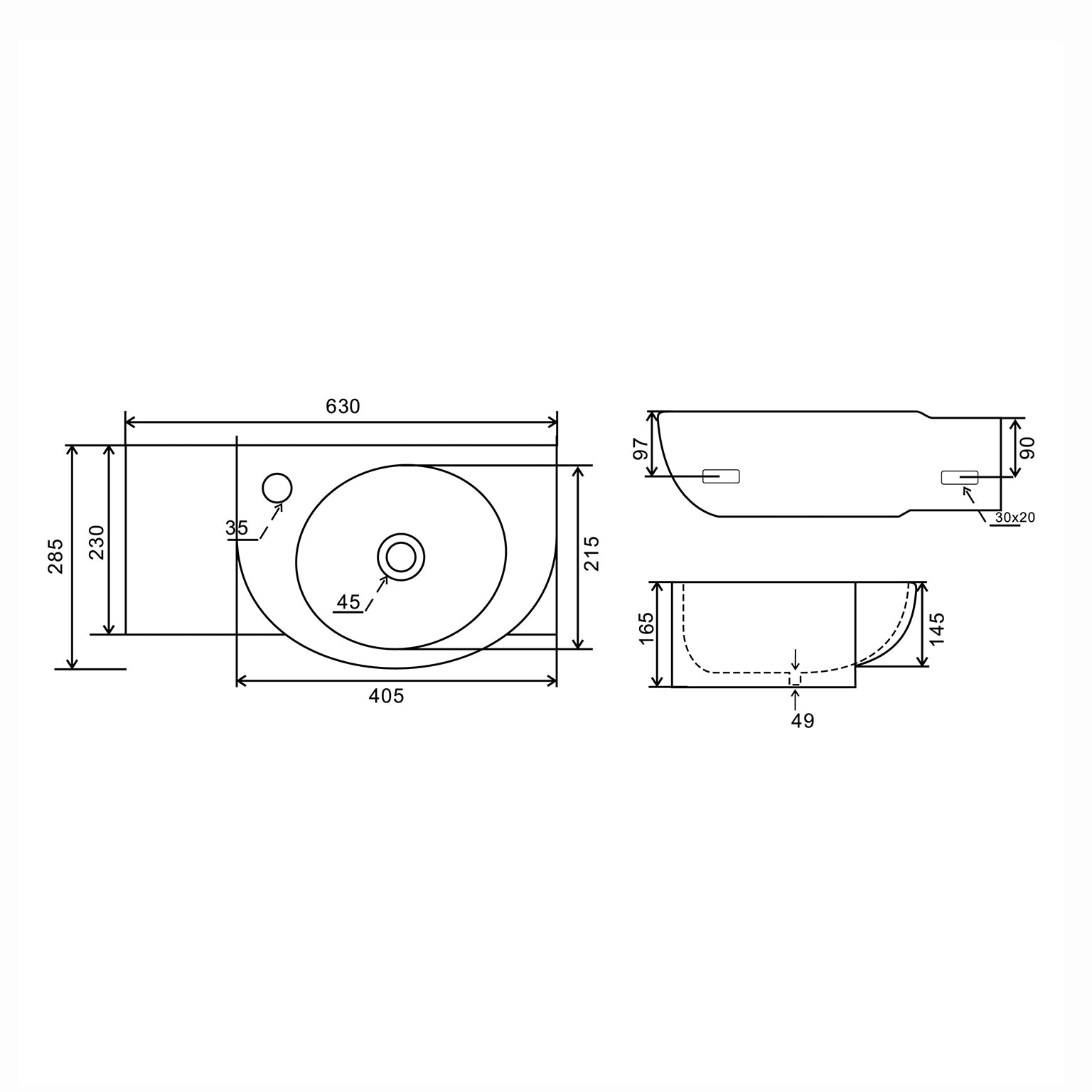 Lavabo a parete BathCore in ceramica bianca - 63x28
