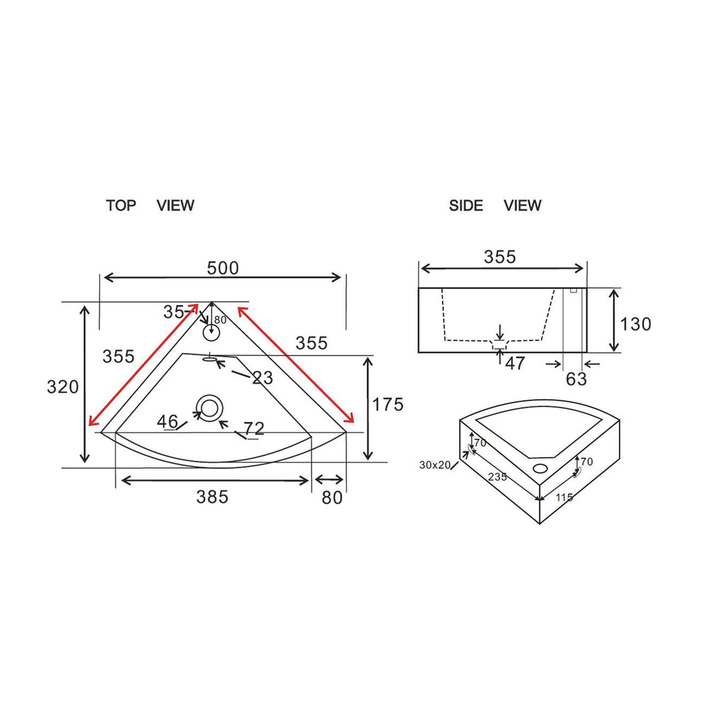 Lavabo ad angolo BathCore in ceramica - 50x32 cm