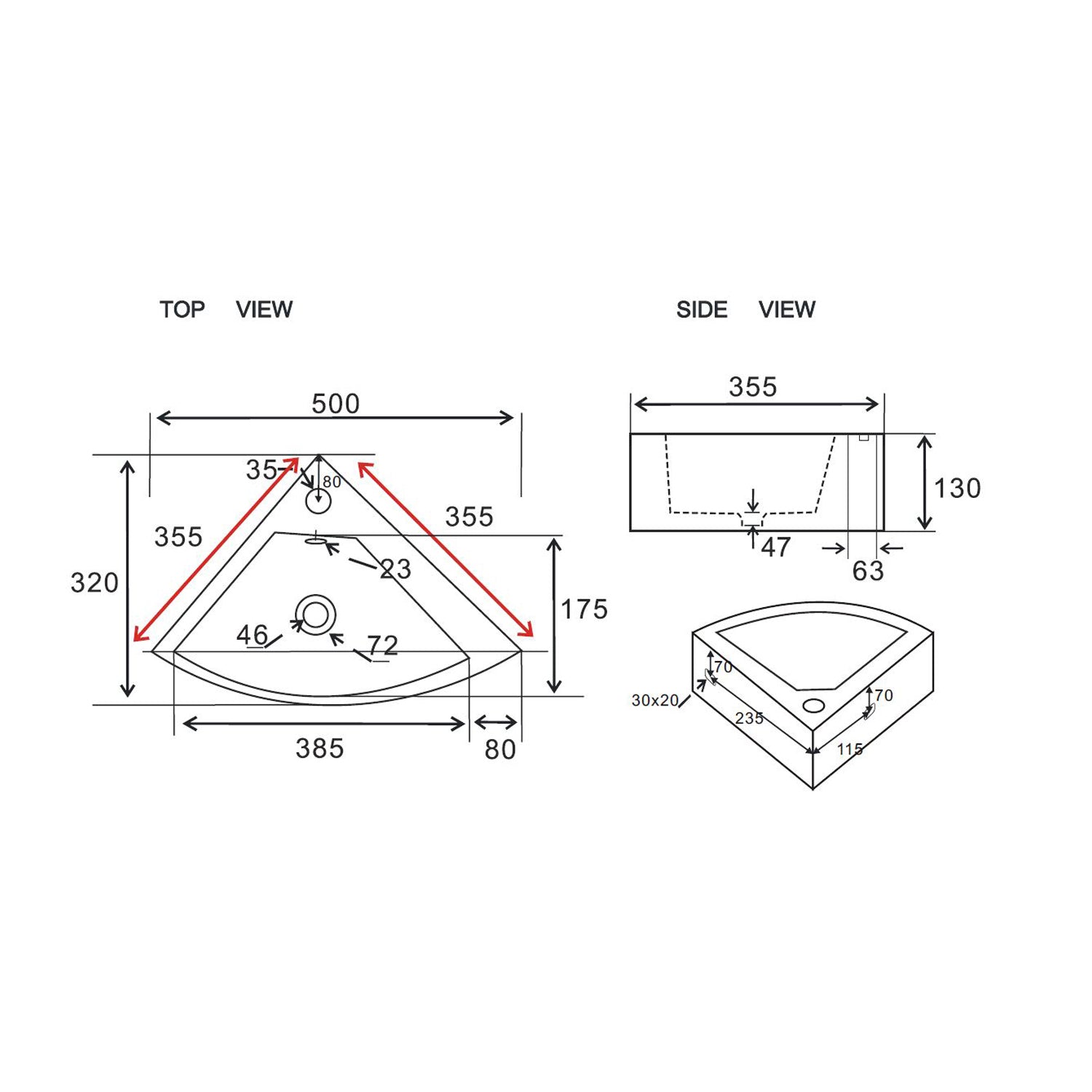 Lavabo ad angolo BathCore in ceramica - 50x32 cm