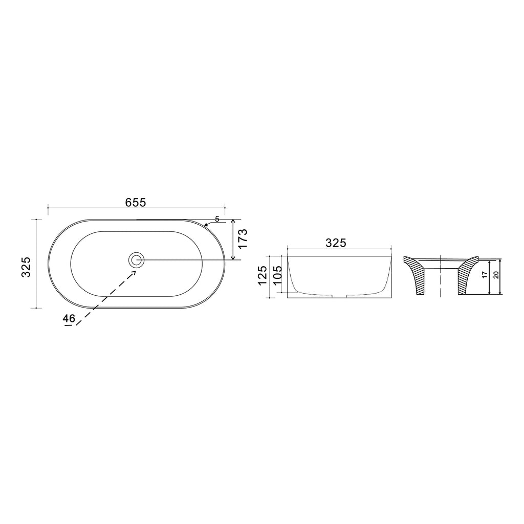 Lavabo da appoggio ovale BathCore senza troppo pieno - 65