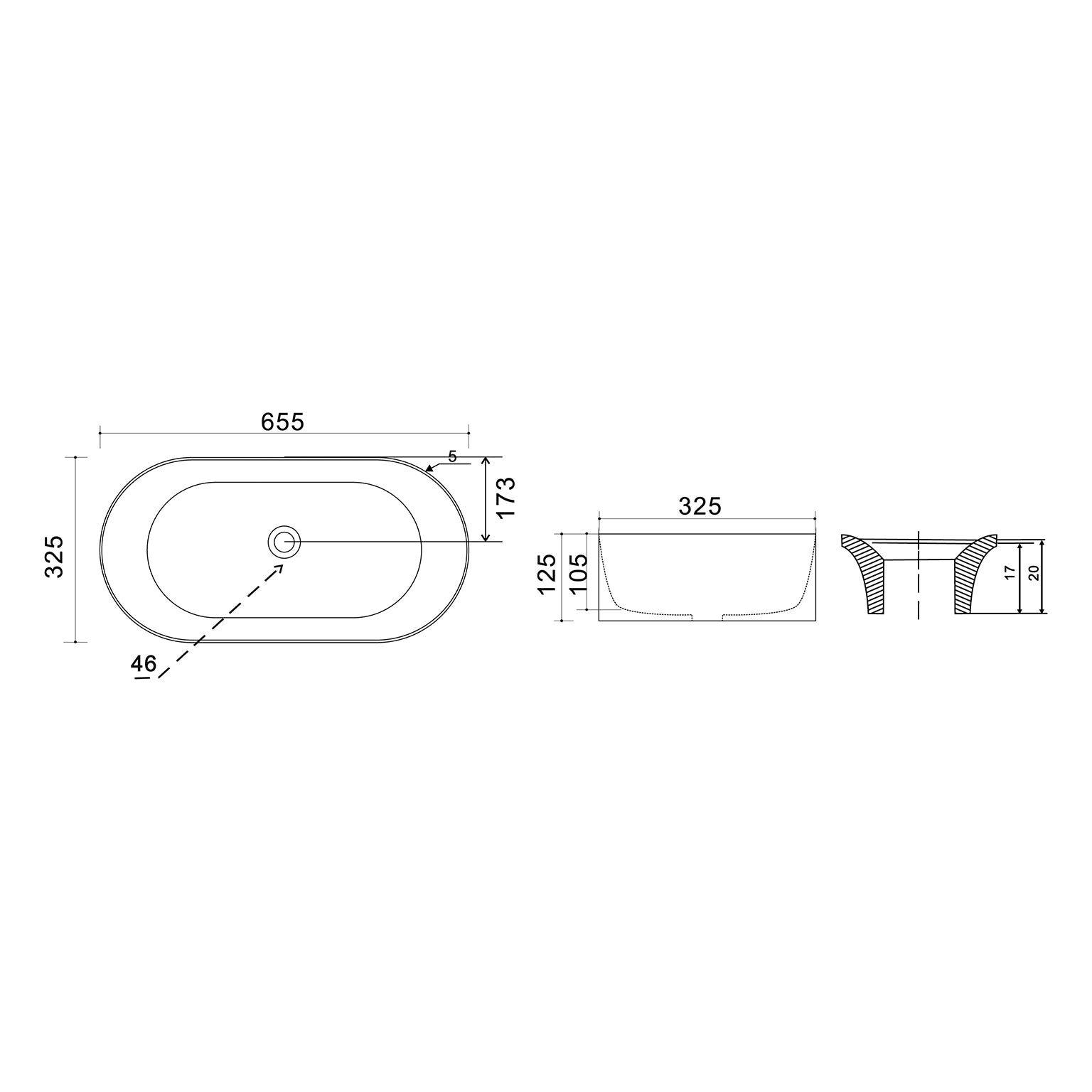 Lavabo da appoggio ovale BathCore senza troppo pieno - 65