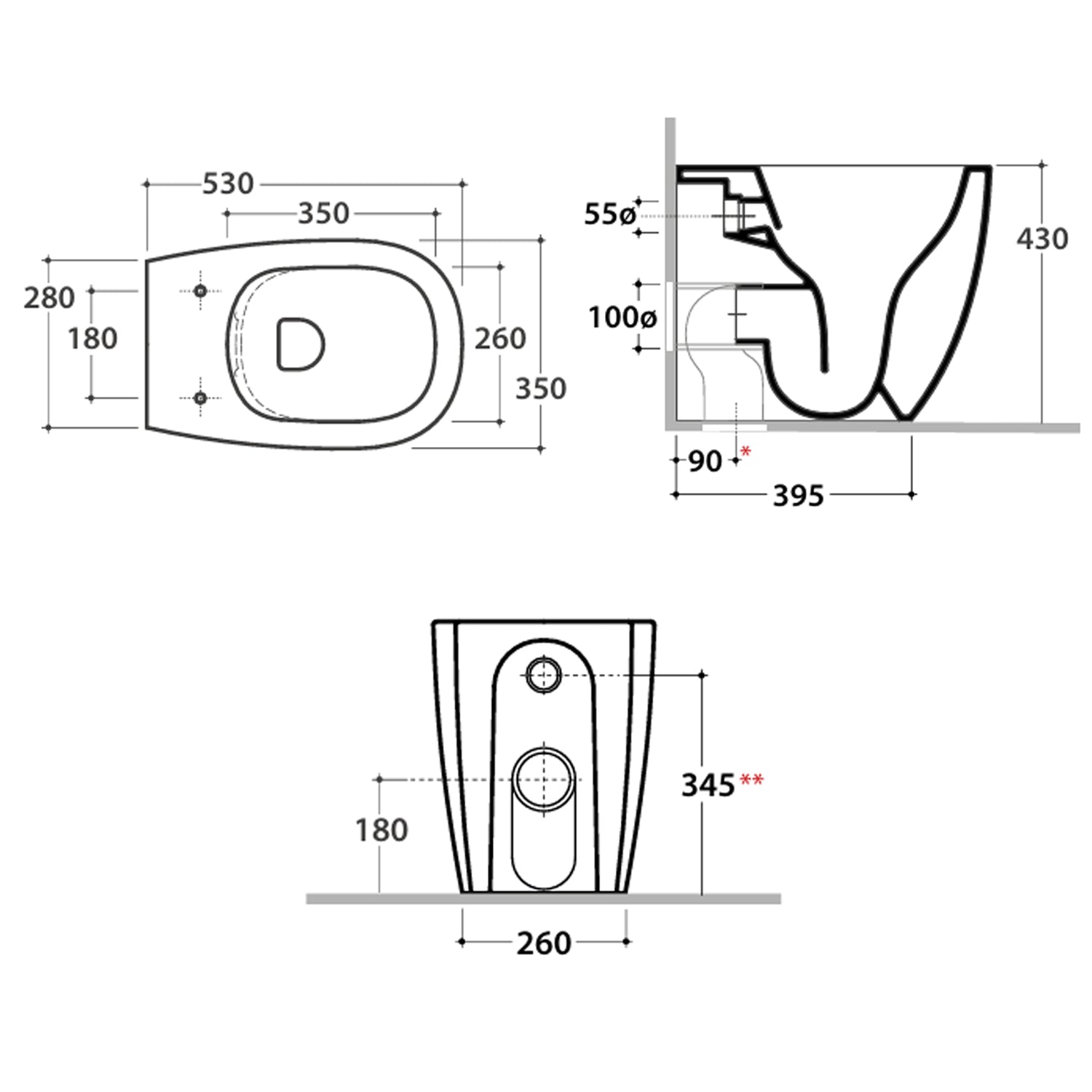 Sanitari filo parete senza brida Globo serie Daily 53x35xH43 cm con copriwater incluso - Bianco Lucido