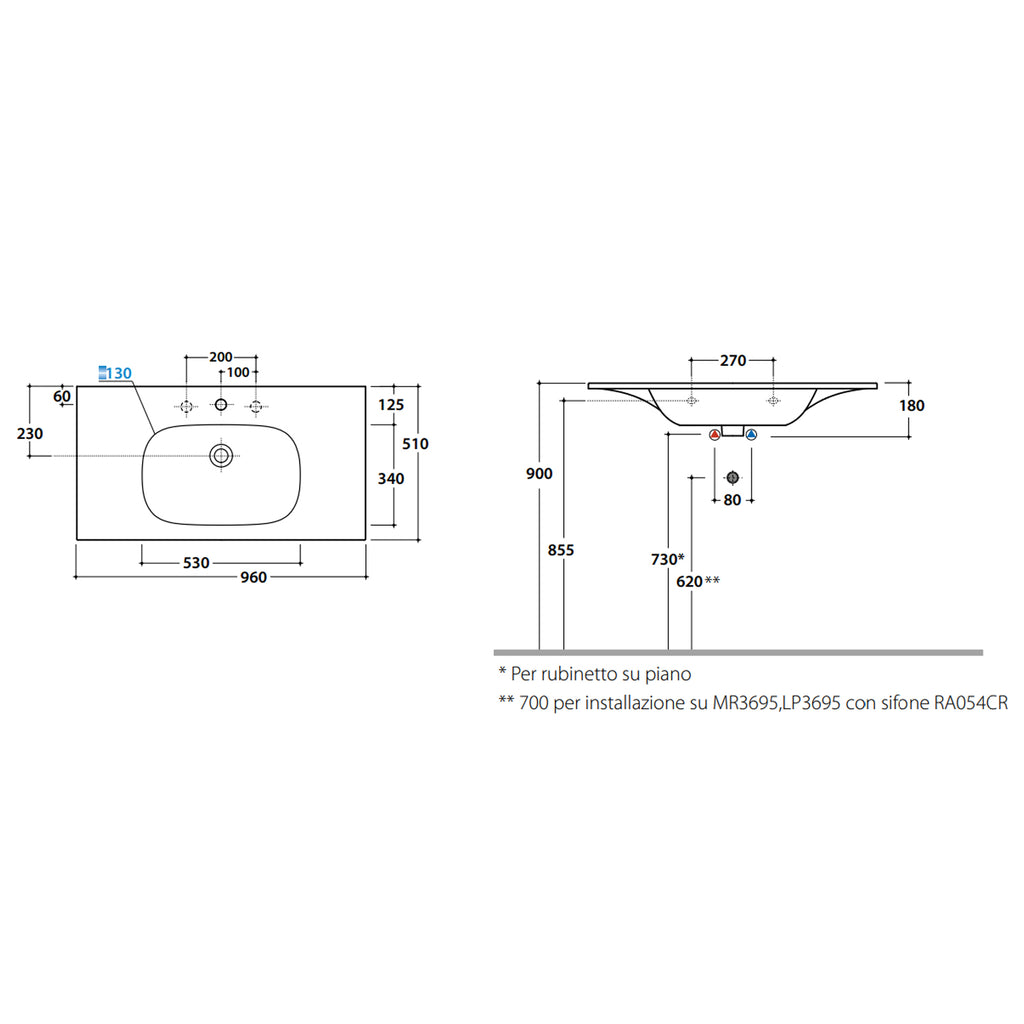Lavabo sospeso o su base Boulevard 96x51x18 cm Ceramica Globo - Bianco lucido