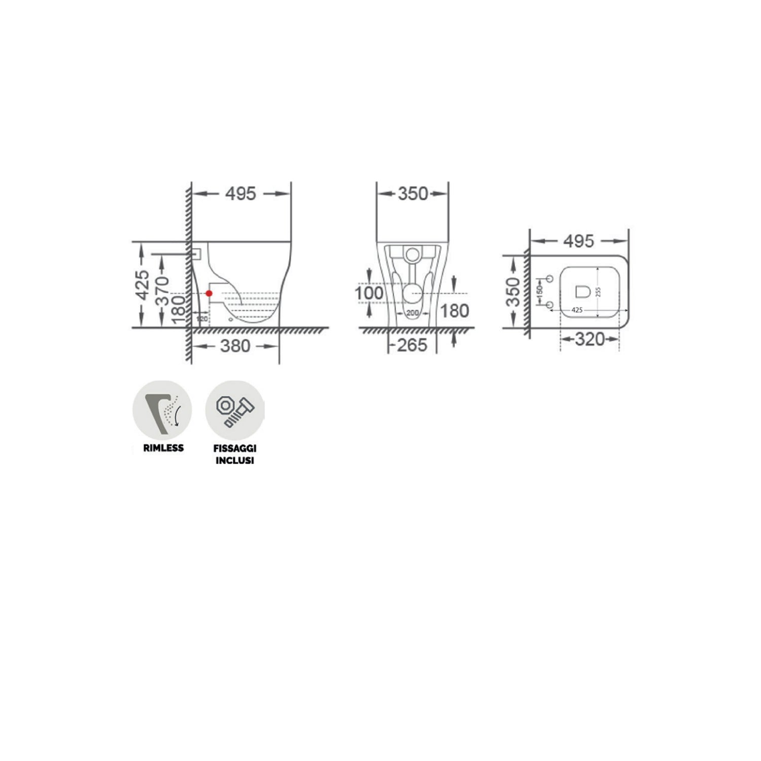 Water filomuro serie Tuono con sedile Softclose 49.5x35x42.5h cm - Bianco Lucido