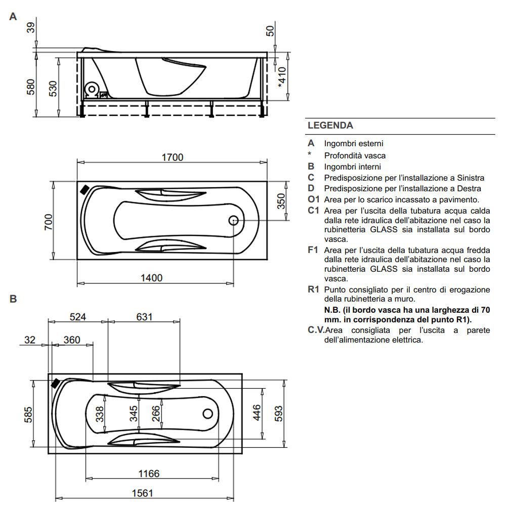 Vasca Bagno rettangolare Diamond in acrilico e Abs cm 170x70