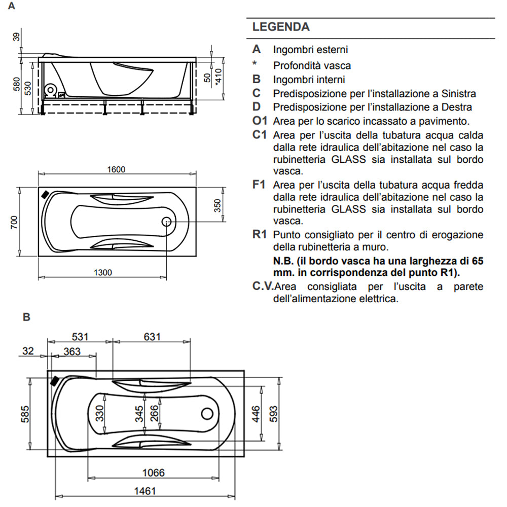 Vasca Bagno rettangolare Diamond in acrilico e Abs cm 160x70