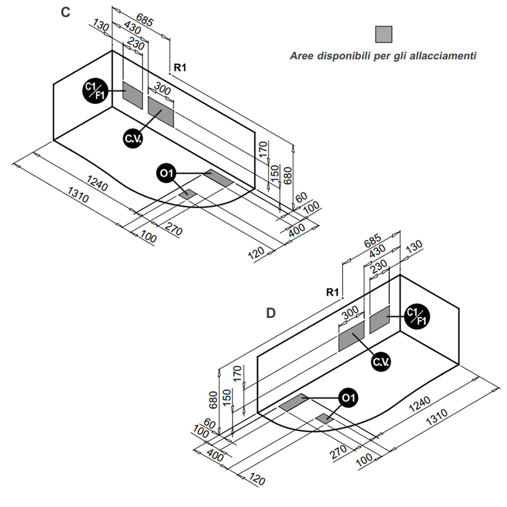 Vasca Bagno asimmetrica Curvy in acrilico e Abs cm 170x70- Versione Destra