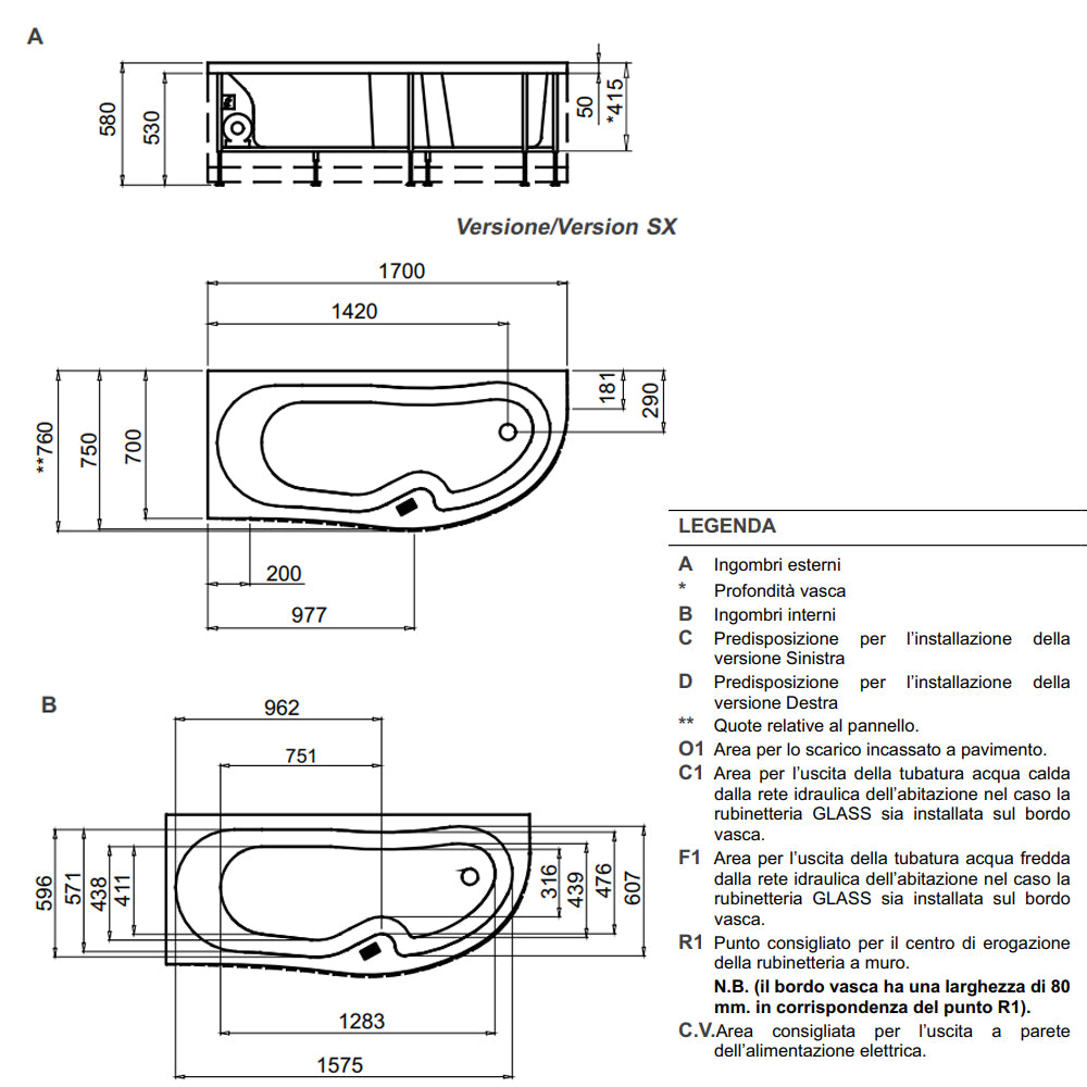 Vasca Bagno asimmetrica Curvy in acrilico e Abs cm 170x70- Versione Sinistra