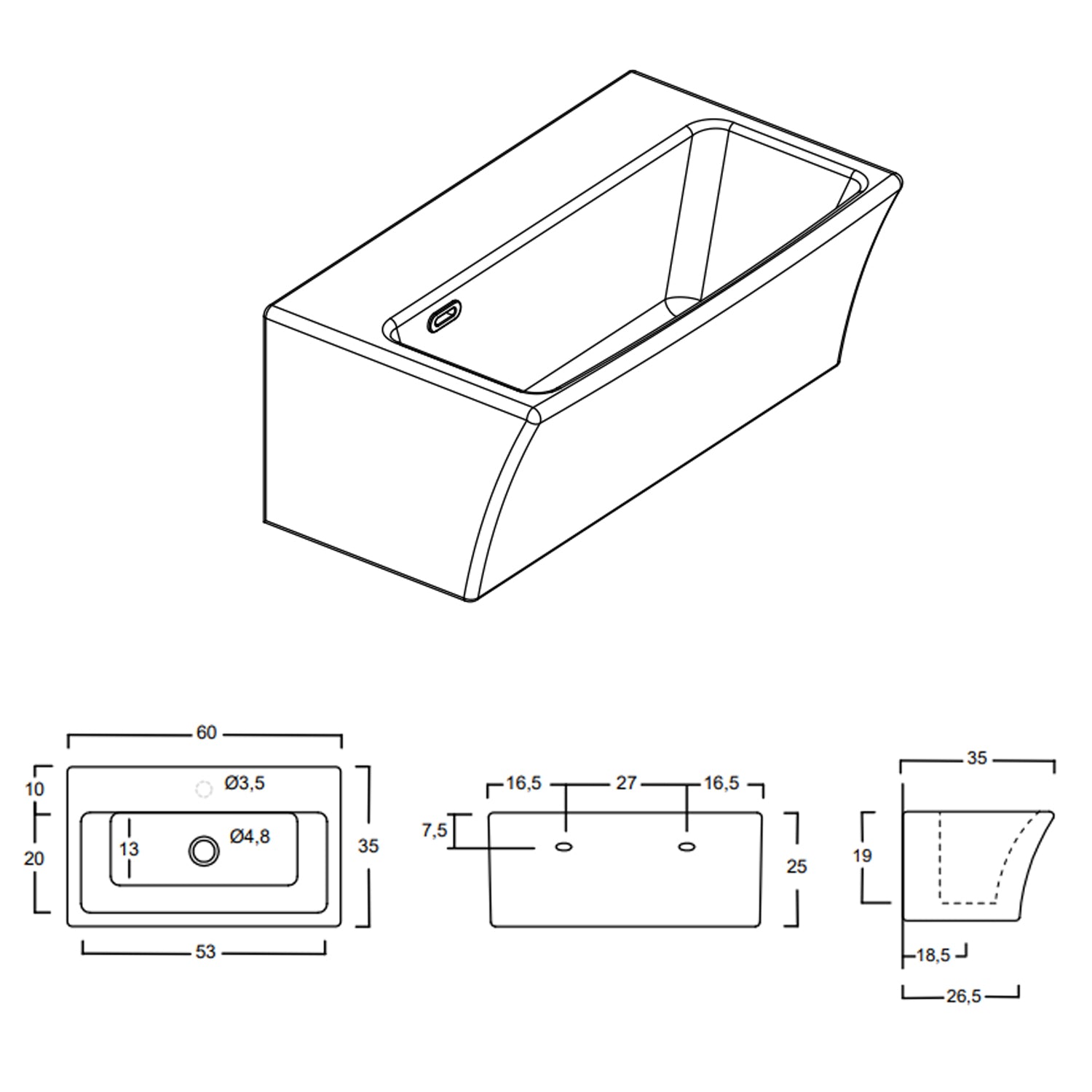 Lavabo in ceramica per installazione sospesa 60x35 senza foro Rubinetto di Xilon modello Block