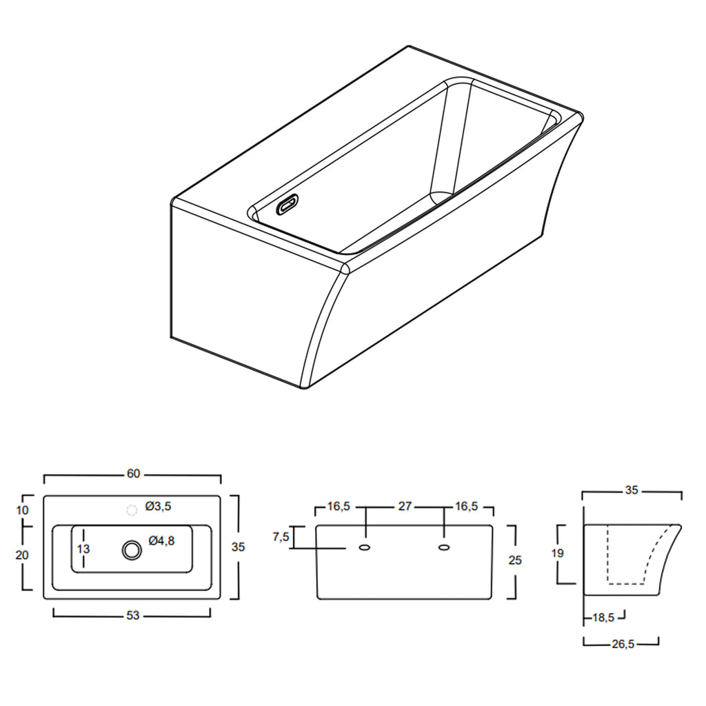 Lavabo in ceramica per installazione sospesa 60x35 con foro Rubinetto di Xilon modello Block