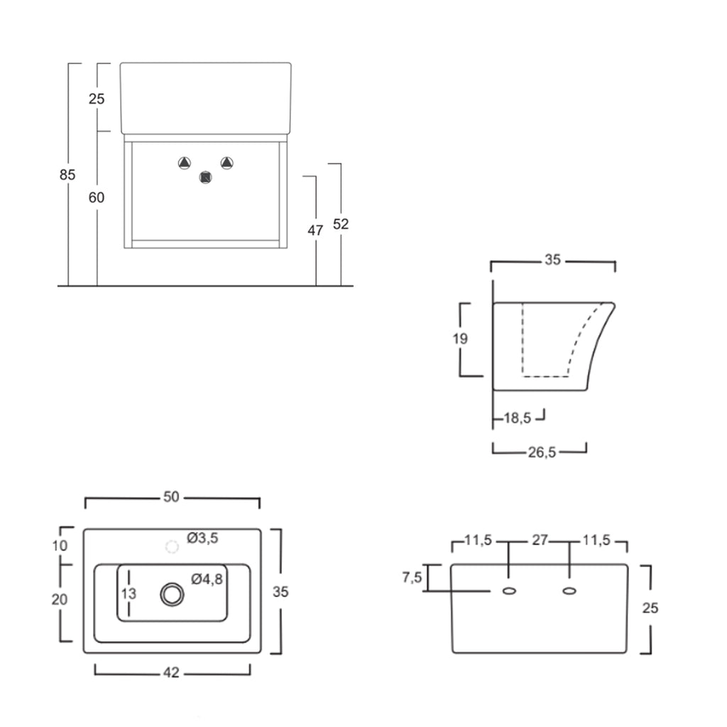 Lavabo in ceramica con foro rubinetteria per installazione sospesa 50x35 utile per bagni piccoli Xilon Block