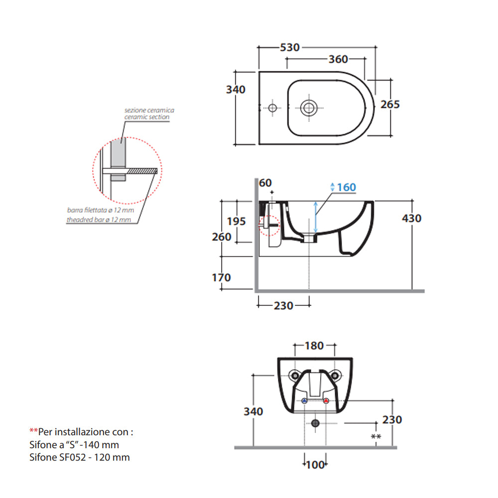 Sanitari sospesi senza brida 53 cm Ceramica Globo Mode Wc, bidet e sedile soft close