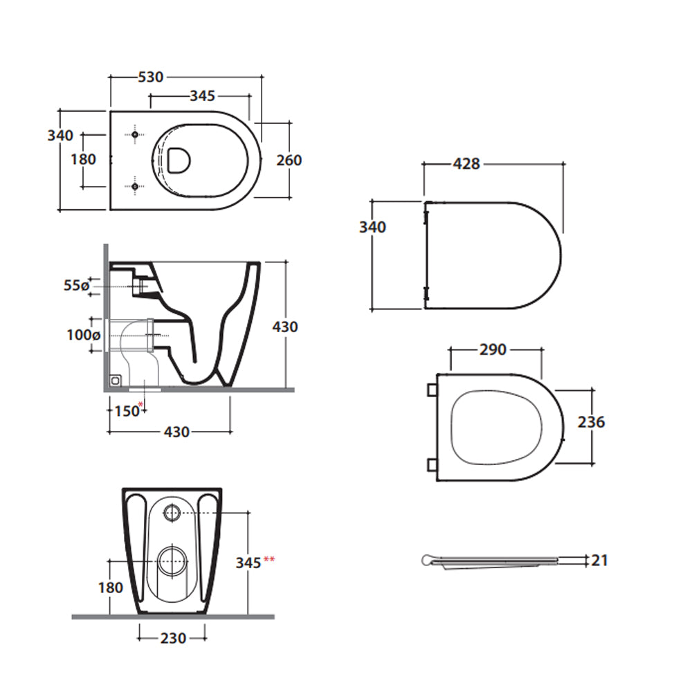 Sanitari filomuro rimless 53 cm Ceramica Globo Mode Wc scarico Multi