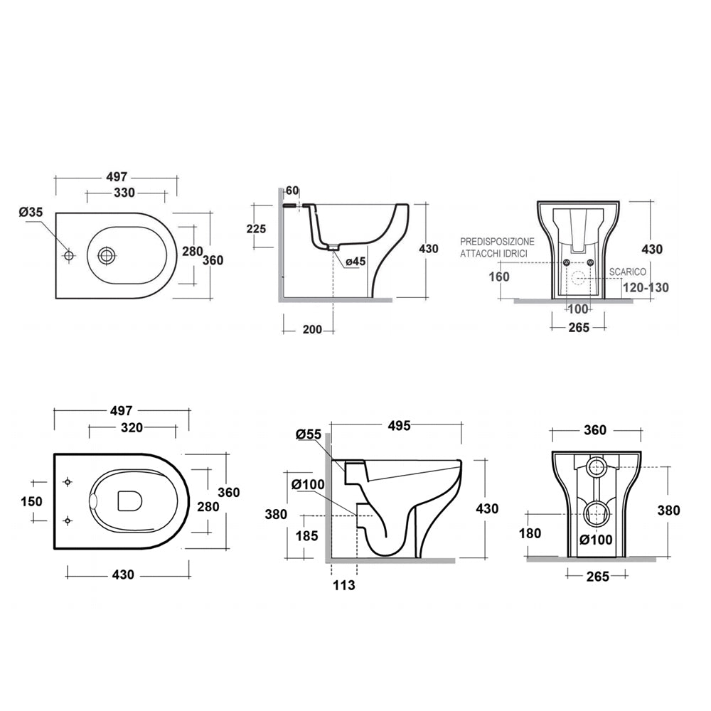 Coppia di sanitari filomuro Bathcore  collezione Sara di Linpha Sanitary cm 36x49