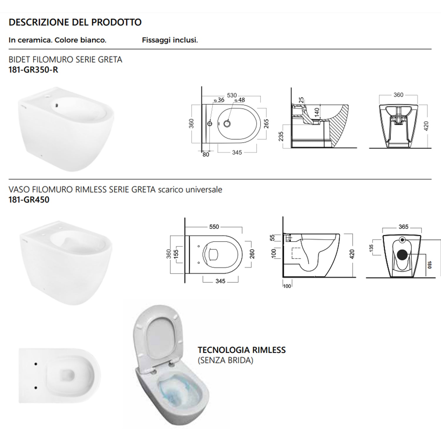 Sanitari filomuro collezione Greta Linpha Sanitary cm 36x53 senza brida con copriwater soft close