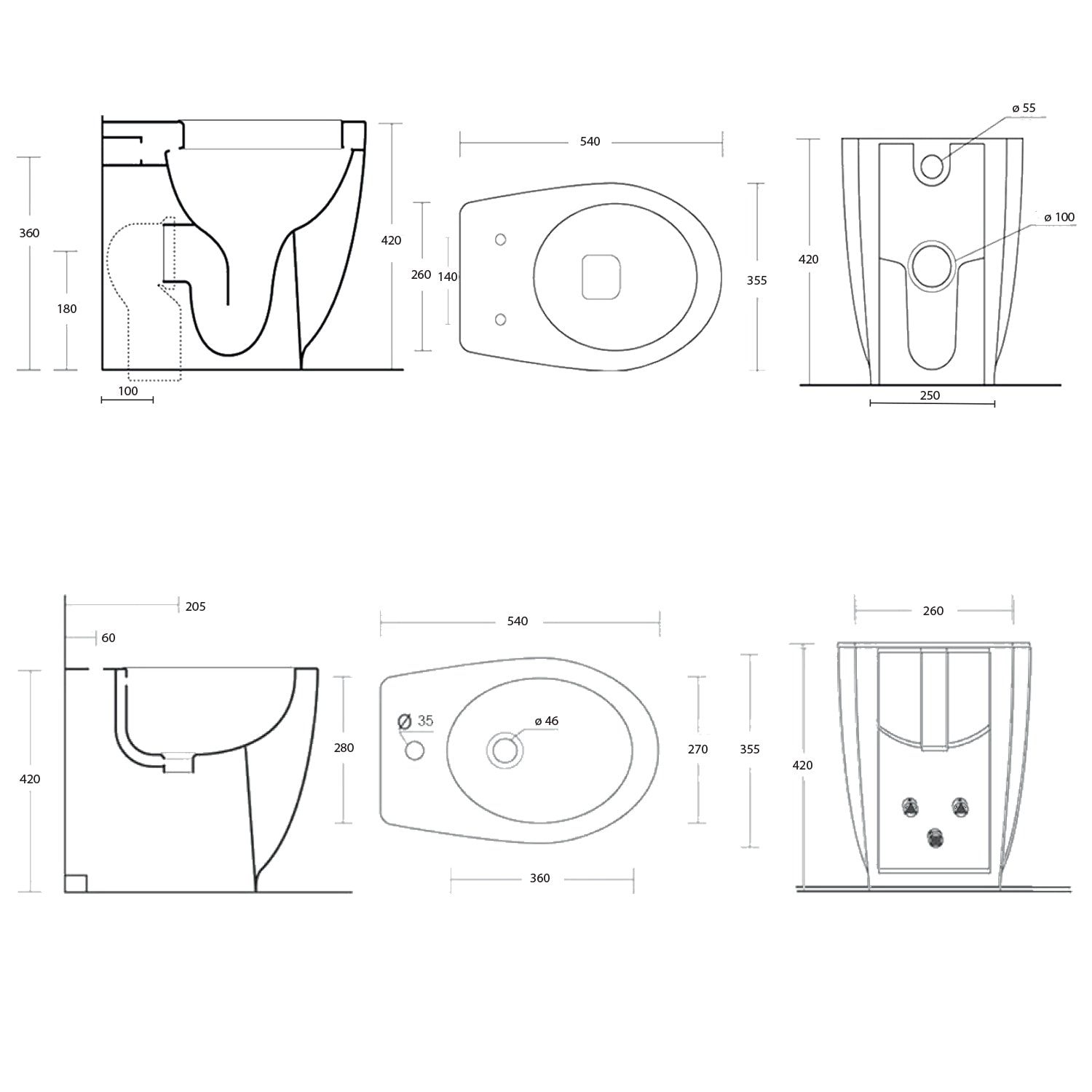 Sanitari filomuro Bathcore con scarico universale e sedile tradizionale serie Duomo cm 54x35