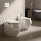 Coppia di sanitari filomuro collezione Cloud di Rak Ceramics cm 56 con copriwater Bianco Lucido