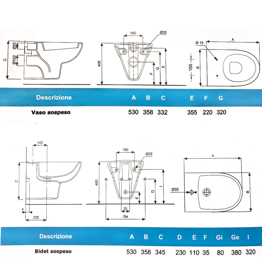 Sanitari sospesi wc+bidet +sedile soft close Geberit 'Selnova Pro' cm 53