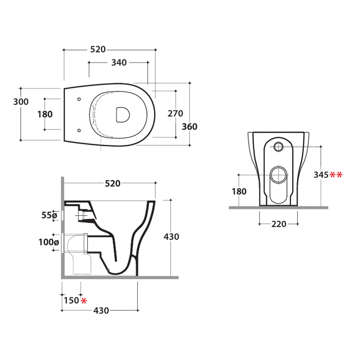 Sanitari Filoparete senza brida 52x36 modello Grace di Ceramica Globo con sedile incluso - Bianco Lucido