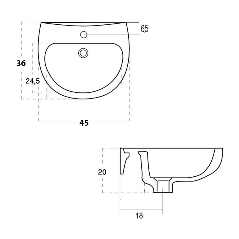 Lavabo sospeso modello Tris Gravena misure cm 45x36 in ceramica bianca lucida. Con foro troppopieno.