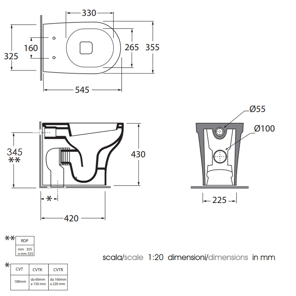 Wc filoparete con scarico traslato senza brida cm 54