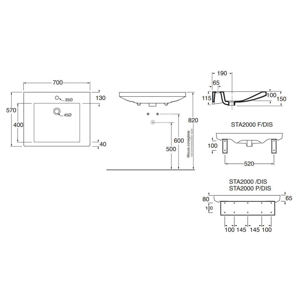 Lavabo sospeso per disabili Azzurra Thin 70x57 cm con apertura frontale e staffe fisse â€“ Bianco lucido