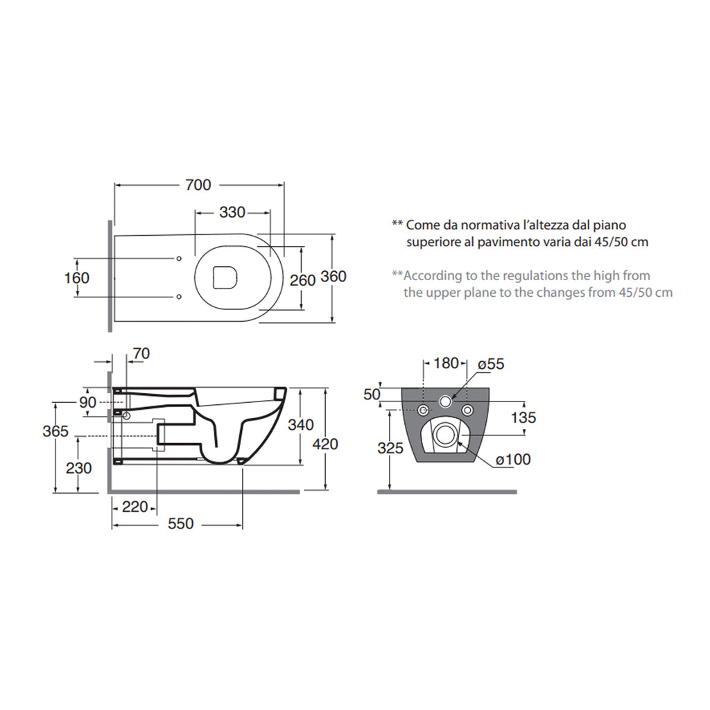 Vaso sospeso modello Comoda di Azzurra Ceramica per diversamente abili 70Ã—36Ã—H34 cm - Bianco Lucido