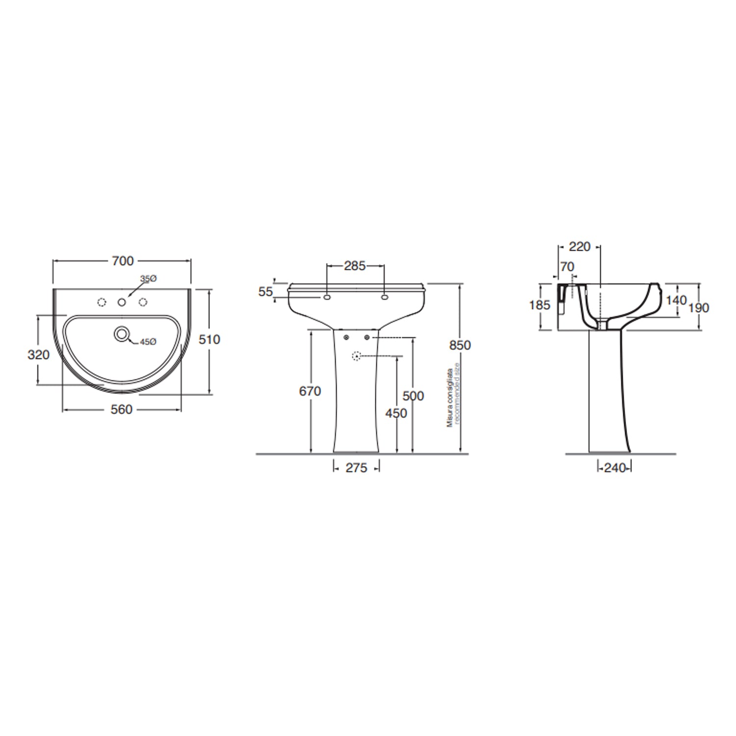 Lavabo con colonna Azzurra serie Charme 70x51xH85