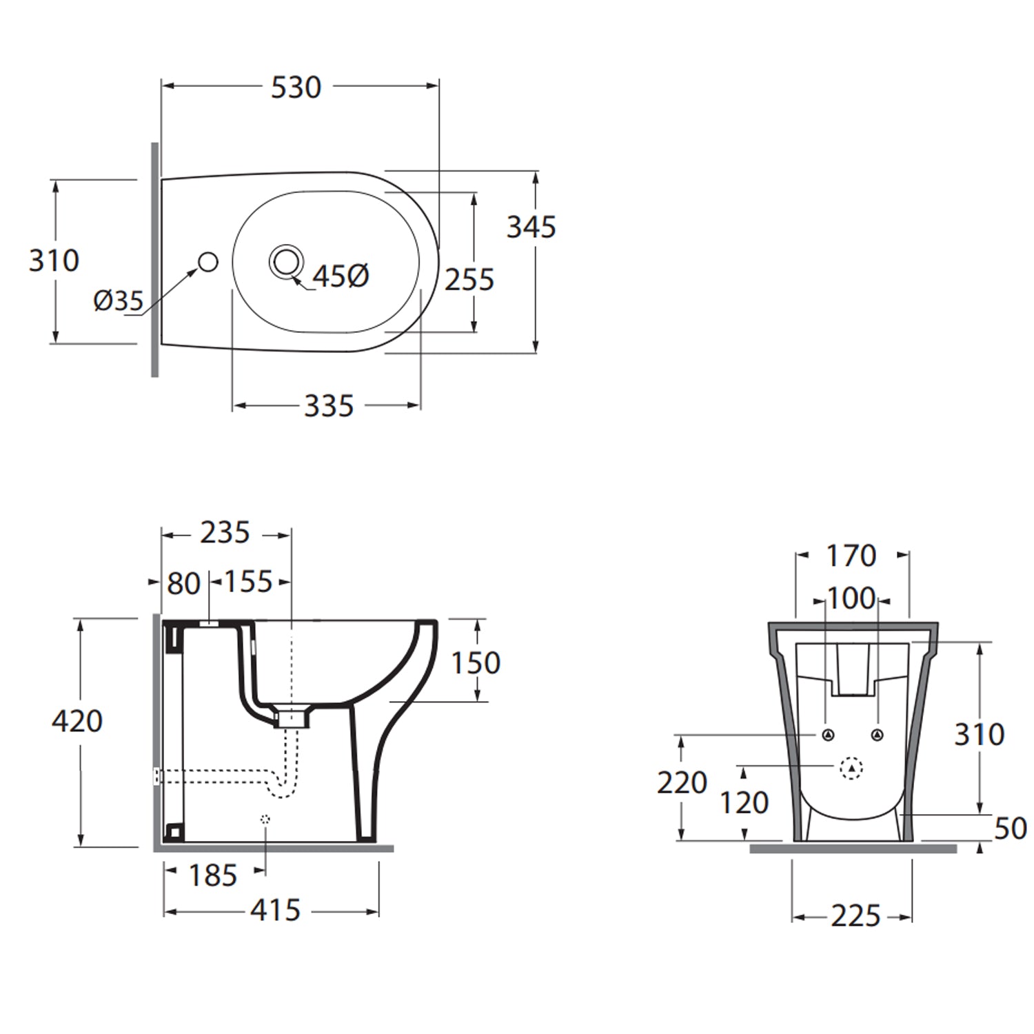 Bidet filo parete in ceramica collezione Pratica by Azzurra 53x34