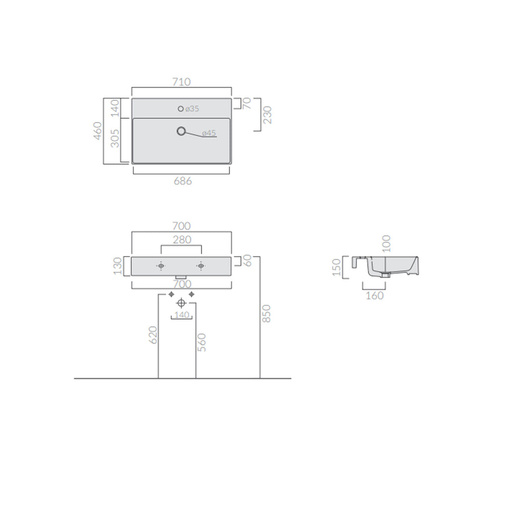 Lavabo da appoggio/sospeso 71x46cm serie Meg11 Pro di Ceramica Galassia -  Bianco lucido
