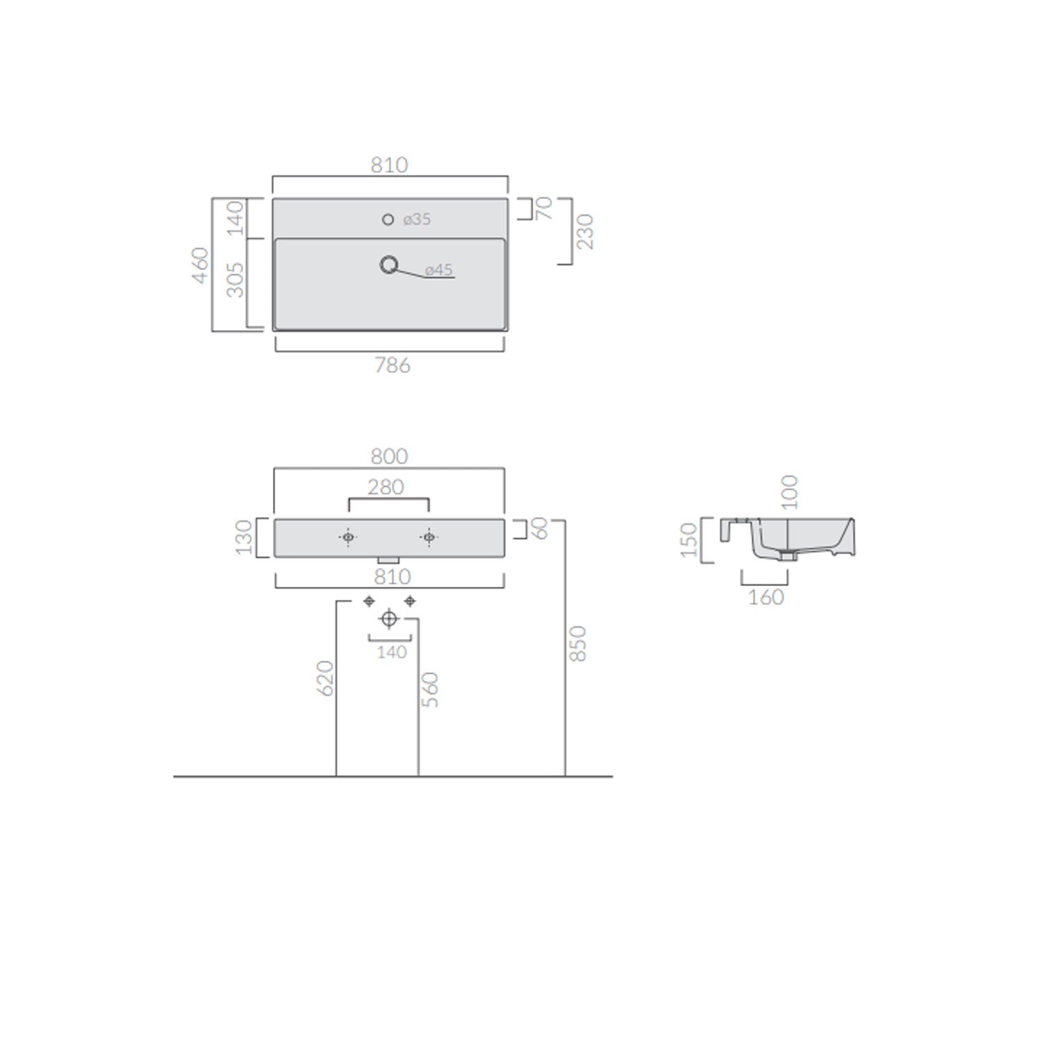 Lavabo da appoggio/sospeso 81x46cm serie Meg11 Pro di Ceramica Galassia -  Bianco lucido
