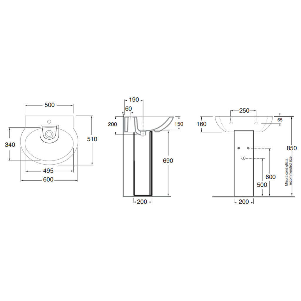 Lavabo Azzurra Clik con colonna 60x51xH88 cm con foro rubinetteria - Bianco lucido