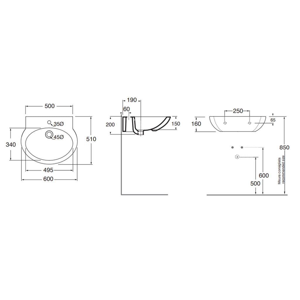 Lavabo Azzurra Clik con colonna 60x51xH88 cm con foro rubinetteria - Bianco lucido