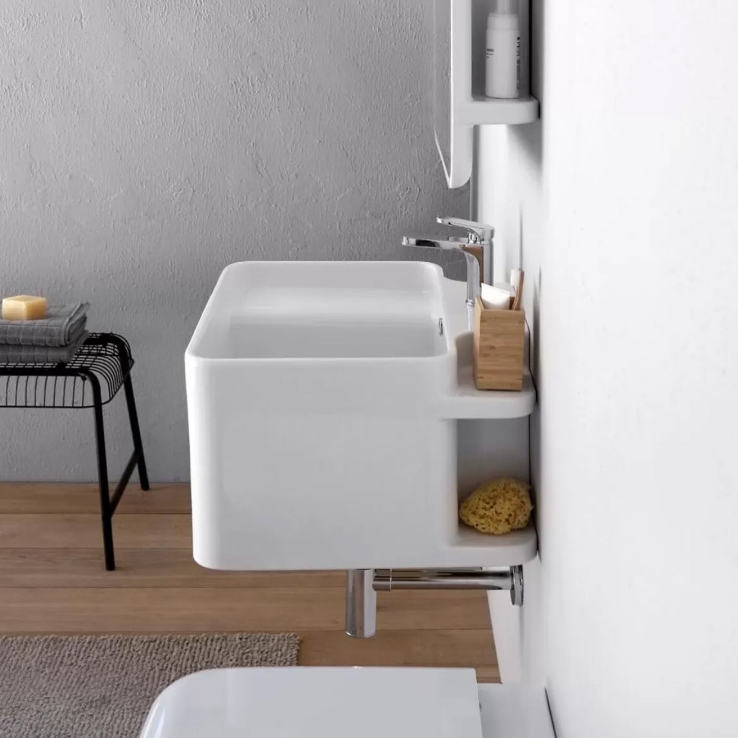 Lavabo sospeso Azzurra Anfibio 60x50 cm con piano in legno - Bianco lucido